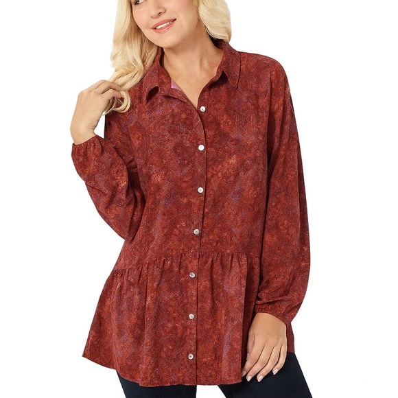 LOGO Lori Goldstein Stretch Woven Button Front Blouse Abstract Mosaic Crimson 1X - Picture 1 of 9